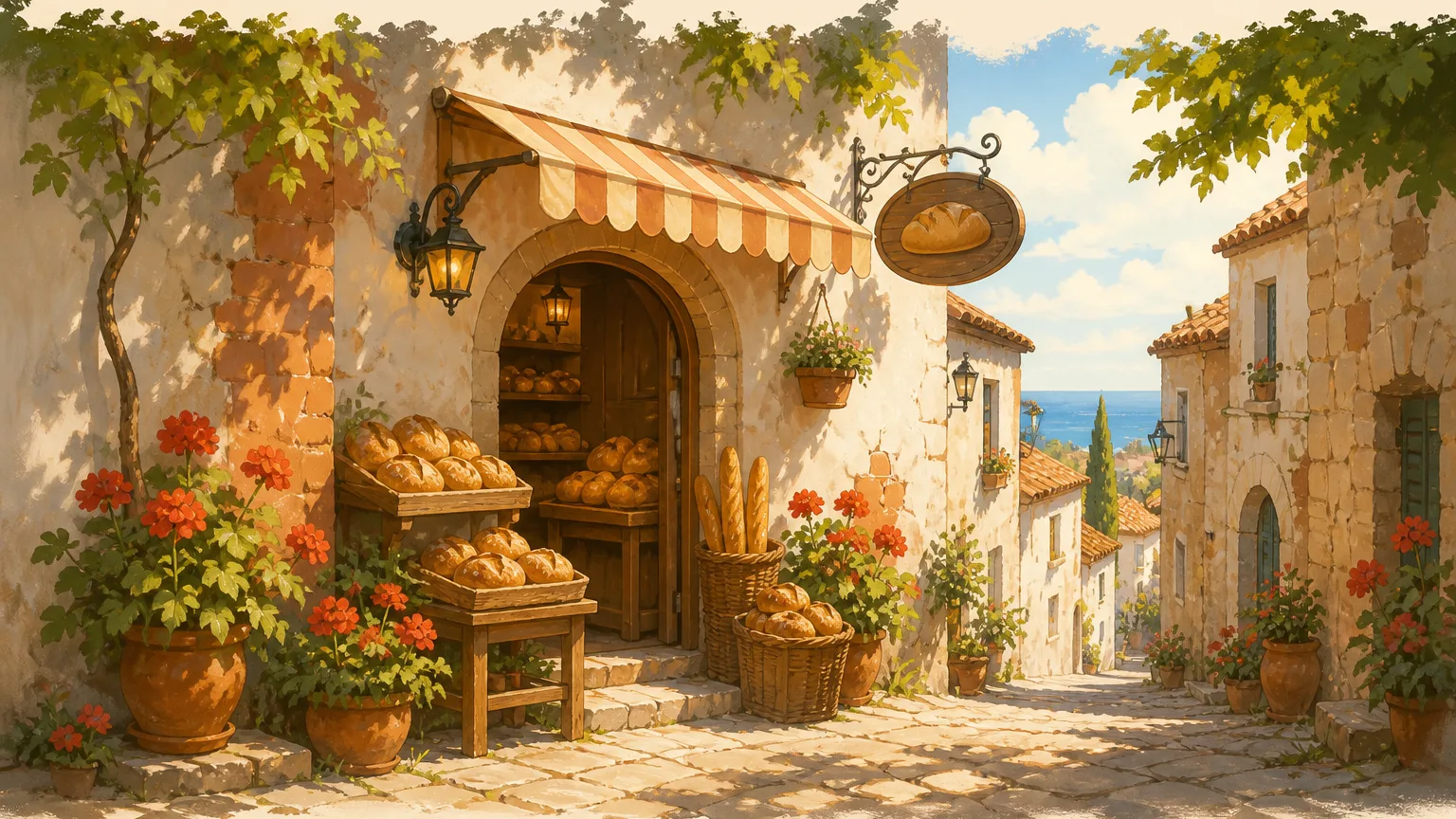 地中海の旧市街にある小さなパン屋の店先（絵本タッチのイラスト・AI生成）